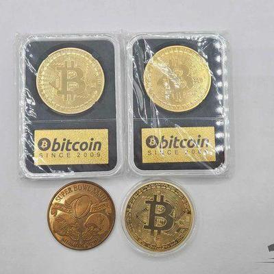 #1750 • (3) Bitcoin Tokens & (1) Superbowl XXXIII Coin
