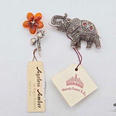 #908 • Sterling Silver Flower & Elephent Pins, 22.71g
