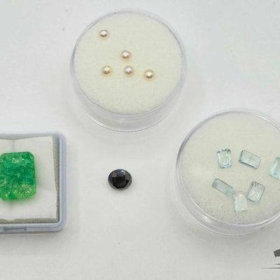 #1006 • Emerald, Aquamarine, Black Gemstones & Pearls
