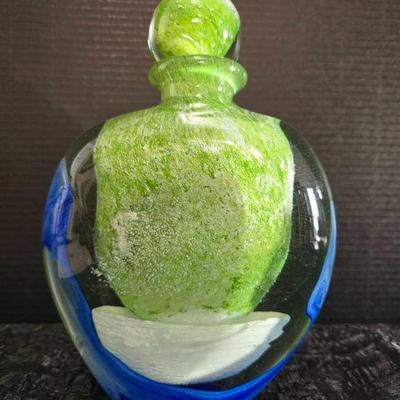 Th008 small flat fluo blue green glass art by jean claude novaro
