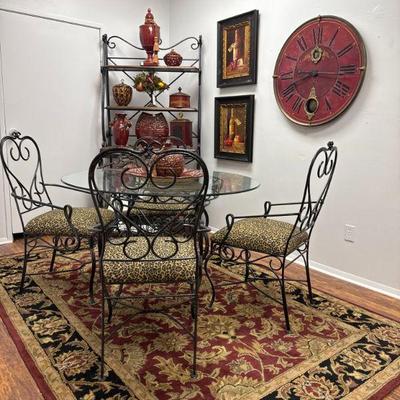 Wrought iron & glass breakfast set with matching baker's rack.
