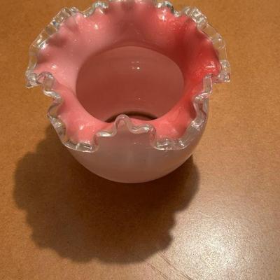 Fenton Art Glass Pink and White Ruffled Bowl 