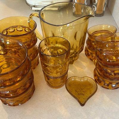 Vintage Amber Glass Pitcher and Dishes 