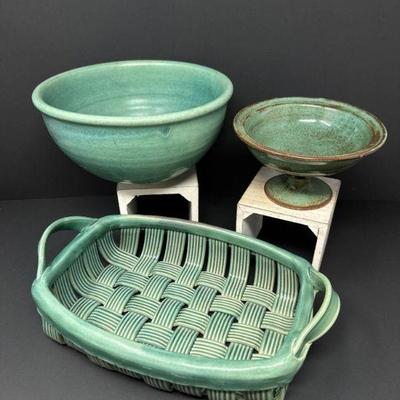 Vintage PARMENTIER Pottery Woven Basket & Two Glazed Ceramic Bowls	
