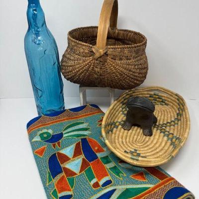 African Kaross Embroidered Textile, Handwoven Baskets & Art Glass	