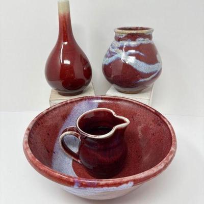 Red Glaze Ceramic Collection: Asian Longneck Vase, Bowl & Creamer +	