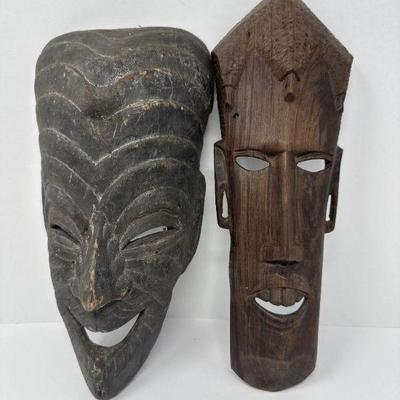 Pair of Vintage Hand-Carved Wooden Tribal Masks – Rustic Wall Decor	