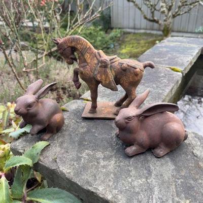 Rustic Cast Iron Horse & Two Heavy Clay/Metal Bunnies	
