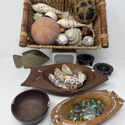 Coastal Decor Lot – Glass Float, Vintage Marbles, Stone Fish, & More	