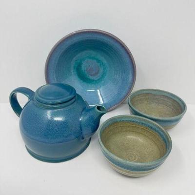 Handmade Pottery Tea Set – Glazed Ceramic Teapot & Bowls in Blue Tones	
