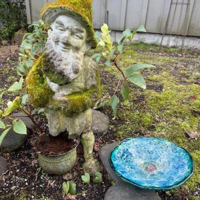 Cement Leprechaun Garden Statue + Blown Glass Bowl w/ Stake	