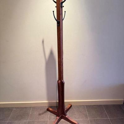 Solid Wood Mission-Style Coat Rack w/ Metal Hooks & Wide Base	