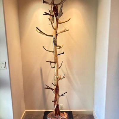 Unique Antler Coat Rack w/ Railroad Nails, Horseshoes, & Rolling Base	