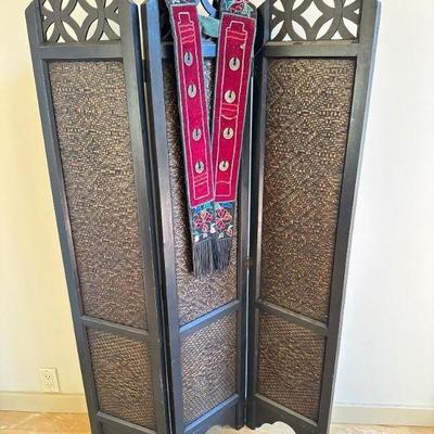 3-Panel Folding Room Divider w/ Woven Screen + Asian Ritual Panel	