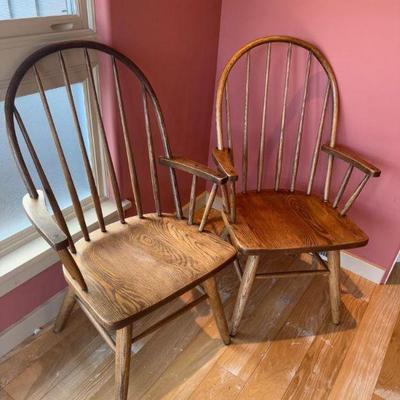 Pair of Windsor-Style Armchairs – Solid Wood, Spindle Back Design	