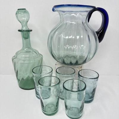 Hand-Blown Ribbed Glass Pitcher, Rippled Decanter & Juice Glasses	