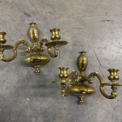 Pair of Antique Solid Brass Wall Lights – c.1880 Double Candle Sconces	