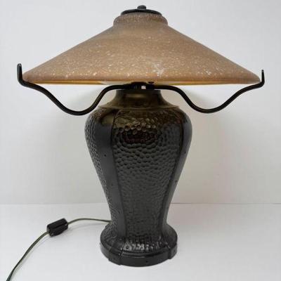 Vintage Style Metal Tabletop Lamp w/ Amber Glass Shade	