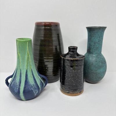 4 Studio Pottery Vases: 1989 & TOM Marks, Varied Styles & Glazes	