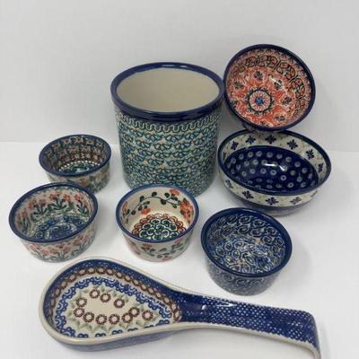 Polish Pottery Set: Bolesławiec & UNIKAT Bowls & Canister, 8 Pcs	