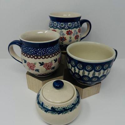 Handmade Bolesławiec Polish Pottery Set – Mugs & Sugar Bowl	