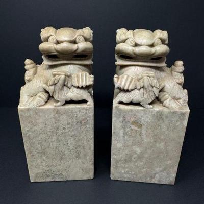 Pair of Heavy Antique-Style Stone Foo Dog Bookends - Good Condition	