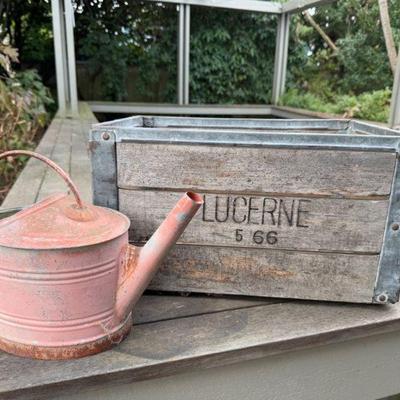 Antique Lucerne Milk Crate & Rustic Pink Metal Watering Can	