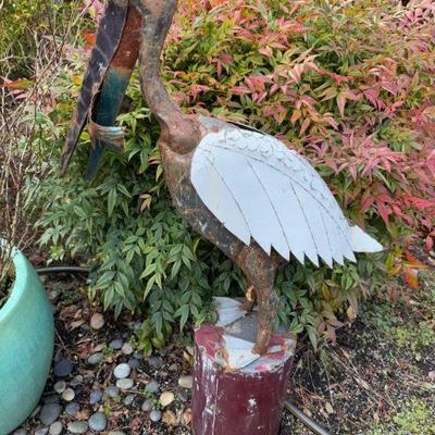 Rustic Metal Stork Garden Sculpture w/ Captured Fish In Mouth	