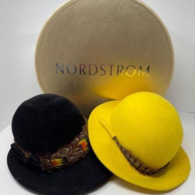 Vintage Nordstrom Wool Hats - Black & Yellow Feather Trim	