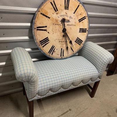 Vintage Ethan Allen Rolled Arm Bench & French-Style Wall Clock	