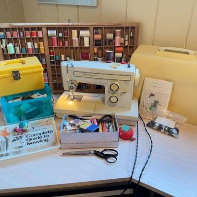 Sewing Machine Lot: Kenmore Sewing Machine, Thread Rack, & Accessories	