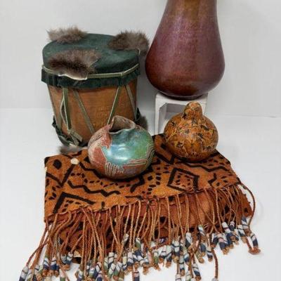 Signed Copper Vase, Art Pottery Vases, Native Drum, & Tribal Runner	