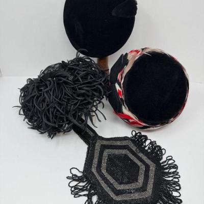 Vintage Hats Trio #3: Flechats , Feathered, Curled, & Antique Purse	