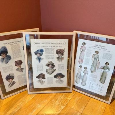 Set of 3 Vintage Fashion Prints – Early 1900s Style, Clear Glass Frame	