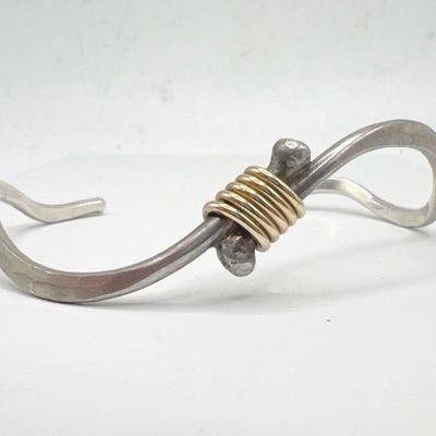 Vintage Hammered Two Tone Brass Wrapped Wave Cuff Bracelet
