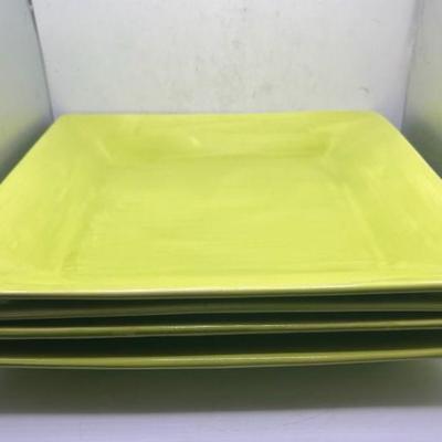 (4) Lime Green Square Ceramic 10.5” Dinner Plates
