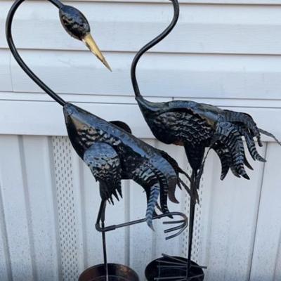 Pair of Metal cranes garden statues 