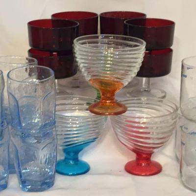 Parfait And Juice Glassware 
6--vintage Libbey chivalry hexagonal blue juice glasses
3--Libbey blue ribbon country featuring blue ribbon...