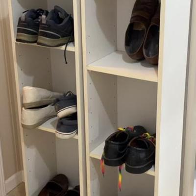 Shelf And Shoes
Size 11 men's shoes nine pairs
Two wood storage units with 4 shelves each.