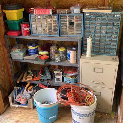 Metal Shelf & Filing Cabinet w/ Contents. Various tools and accessories.