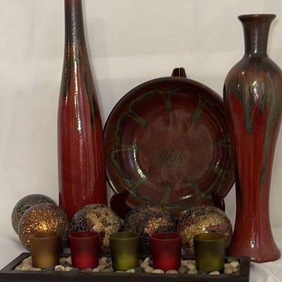 Drip Glaze Trio With Decorative Orbs And Candleholder Tray