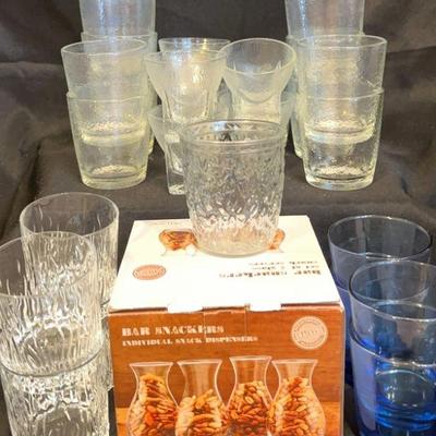 Highball/Lowball Glassware With Bar Snacker Dispensers 
4--RCR short whiskey fire glasses
4--blue glasses
6--Libbeys vintage pebbled St....