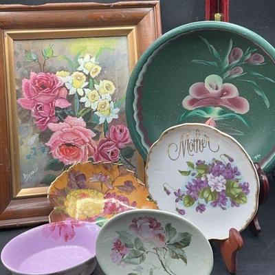 Soap dish pair 6 x 1.5-2 in.
"Mother" small decorative plate 6.5 in.
Handpainted floral dish 7 x 5 in.
Textured floral painting...