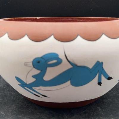 Native American Pottery Bowl
Handpainted with blue and brown deer or antelope