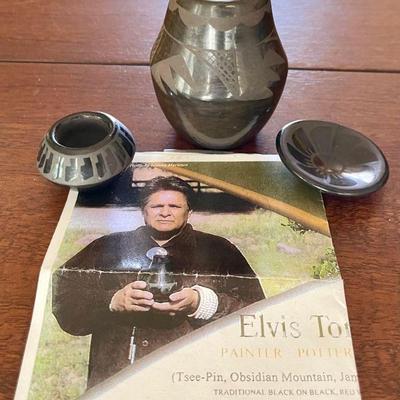 Elvis Torres Blackware Tsee Pin 2016 Vase, Small Pot And Plate (as Is)