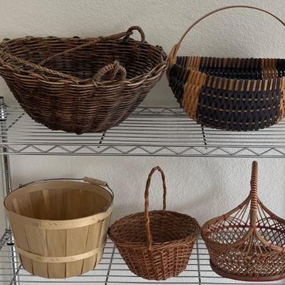 (5) Assorted Baskets - Hanging, Woven, Rattan, Wicker, 2019 Bushel