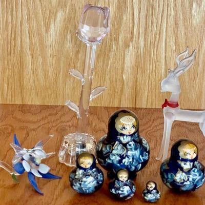 Russian Nesting Doll, Art Glass Columbine, Reindeer, And Light Up Rose 