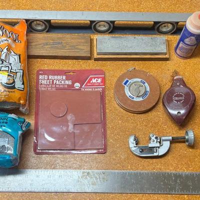 Tool Lot - Stanley Level, Sears Square, Wet Stone, 100 Foot Tape Measure, Steel Wool, And More