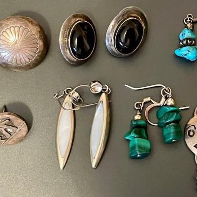 (6) Pairs Of Sterling Silver Earrings (1) Pair Alpaca - Malachite - Turquoise - Weight 27.75 Grams