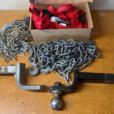 Assorted Chains, Ratchet Straps, And 2 1/2" Hitches